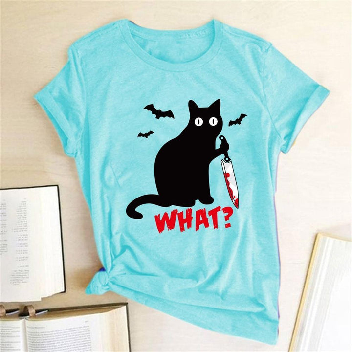 Elegancki T-shirt damski z dekoltem okrągłym i zabawnym nadrukiem kota. Idealny do mody codziennej.