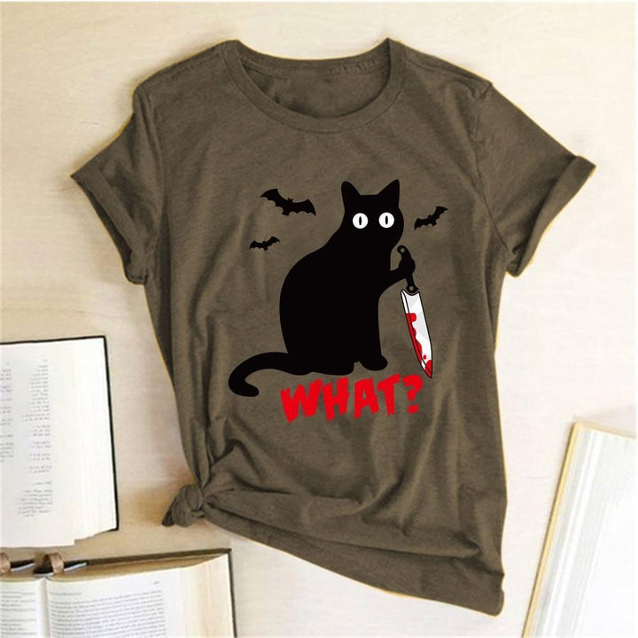 Modna koszulka T-shirt damska z uroczym nadrukiem kota. Uniwersalny krój, idealna na casual.
