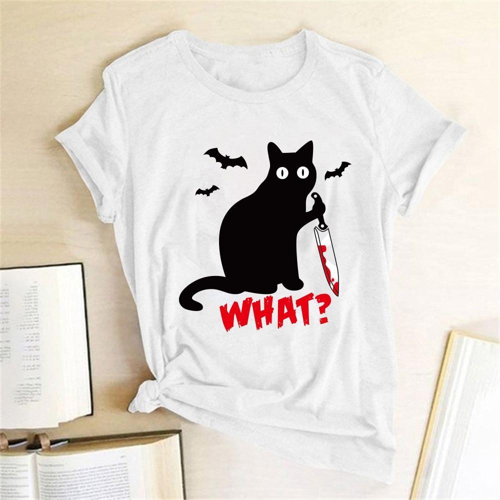 Urocza damska koszulka T-shirt z figlarnym nadrukiem kota, dekolt okrągły. Must-have w modzie damskiej.