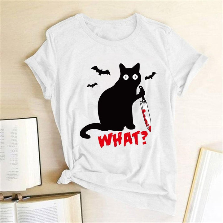Urocza damska koszulka T-shirt z figlarnym nadrukiem kota, dekolt okrągły. Must-have w modzie damskiej.