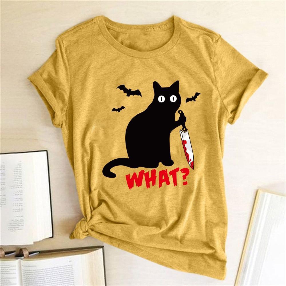 Damski T-shirt z okrągłym dekoltem, luźnym krojem i słodkim nadrukiem kota. Komfort na co dzień.