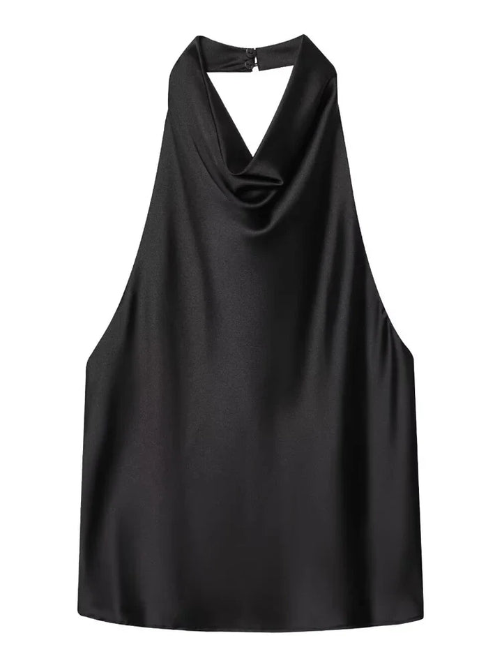 Elegancki damski top halter z drapowanym dekoltem. Idealny na wyjścia, bez rękawów. Letnia moda.