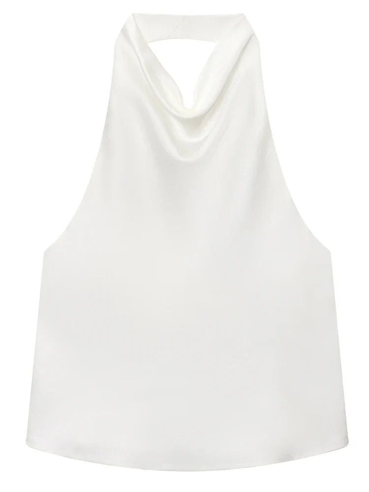 Damski top halter z drapowaniem, widok z tyłu. Krój bez rękawów, stylowy na lato i eleganckie okazje.