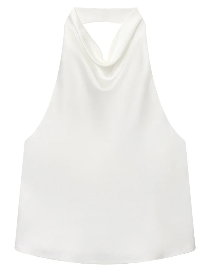 Damski top halter z drapowaniem, widok z tyłu. Krój bez rękawów, stylowy na lato i eleganckie okazje.