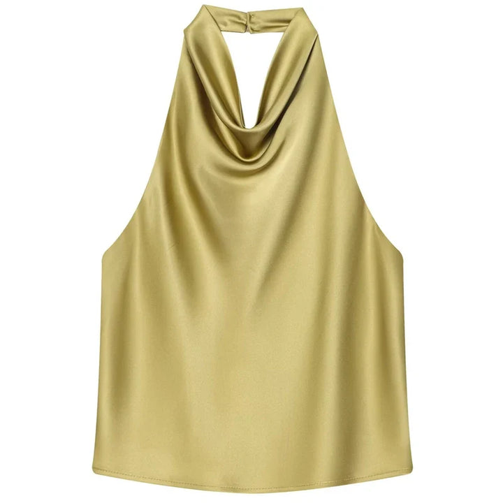 Wygodny damski top halter z drapowaniem, uniwersalny na letnie okazje. Elegancki lub casualowy, bez rękawów.