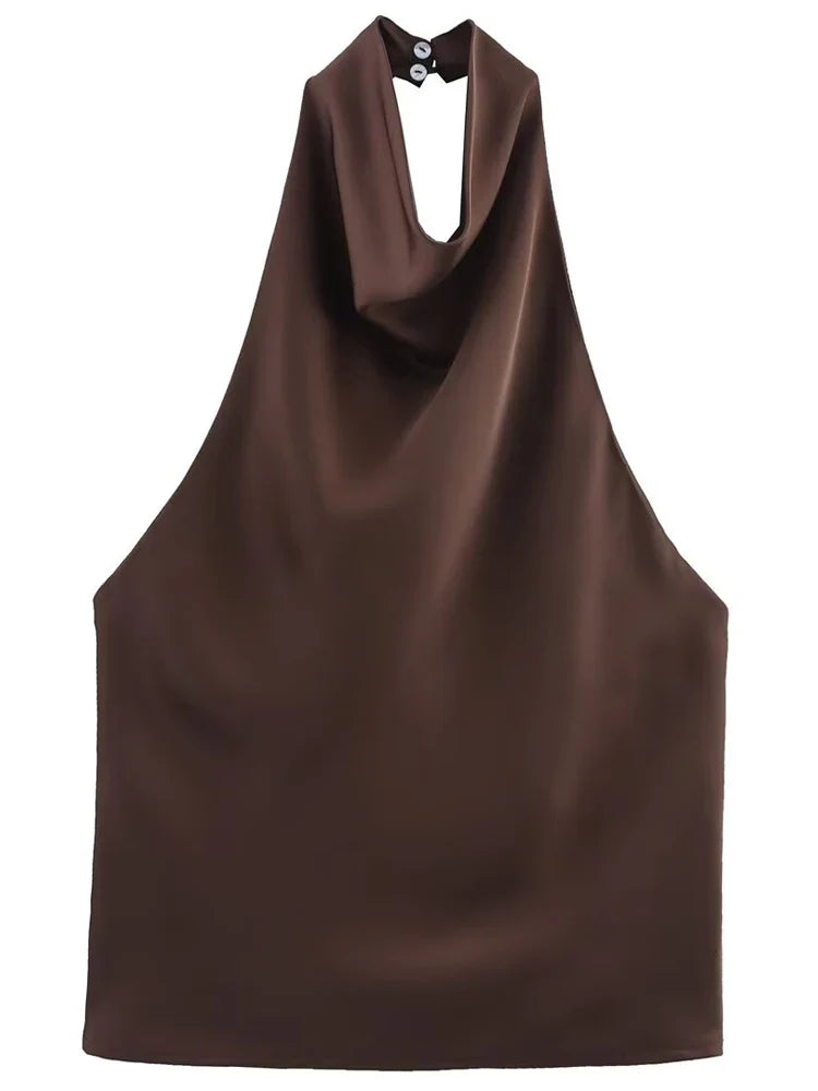 Damski top halter z drapowanym dekoltem, dopasowany krój. Bez rękawów, idealny do letnich stylizacji.