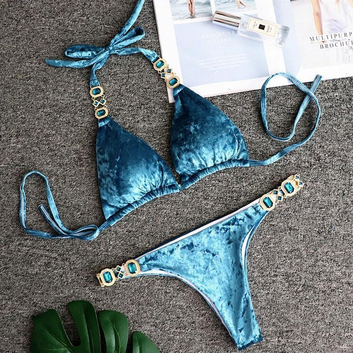 Luksusowe welurowe bikini damskie z błyszczącymi kryształkami, dwuczęściowy strój kąpielowy na modny sezon.