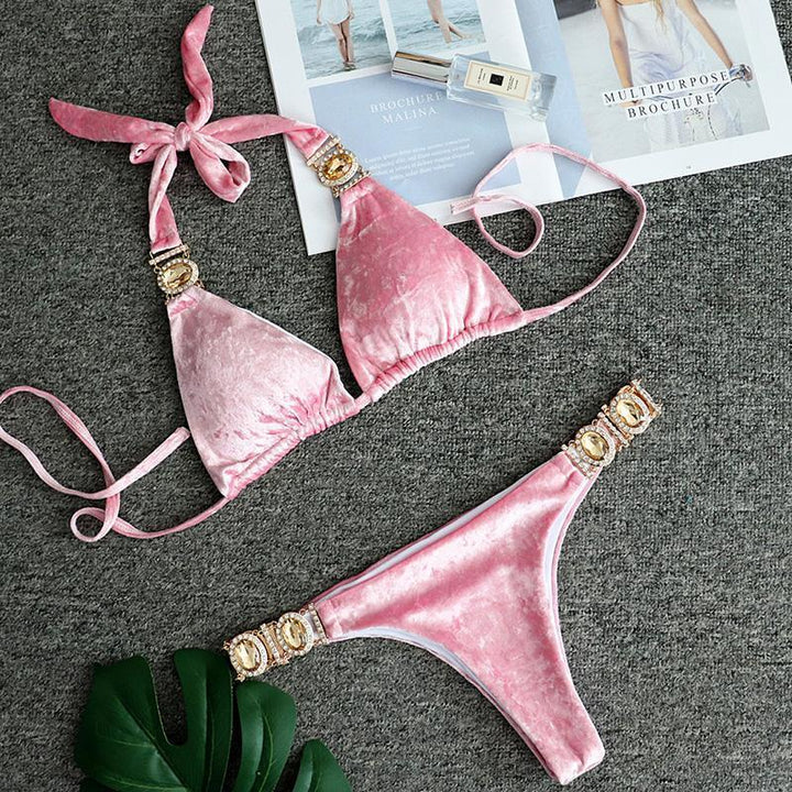 Modny welurowy strój kąpielowy damski, bikini z kryształkami. Luksusowy dwuczęściowy komplet na wakacje.