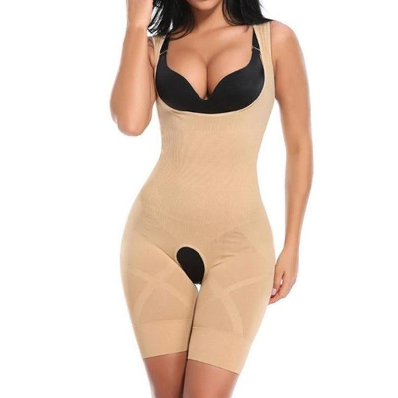 Damskie beżowe body modelujące sylwetkę z wycięciem, bezszwowe, wygładzające. Idealne pod ubranie.
