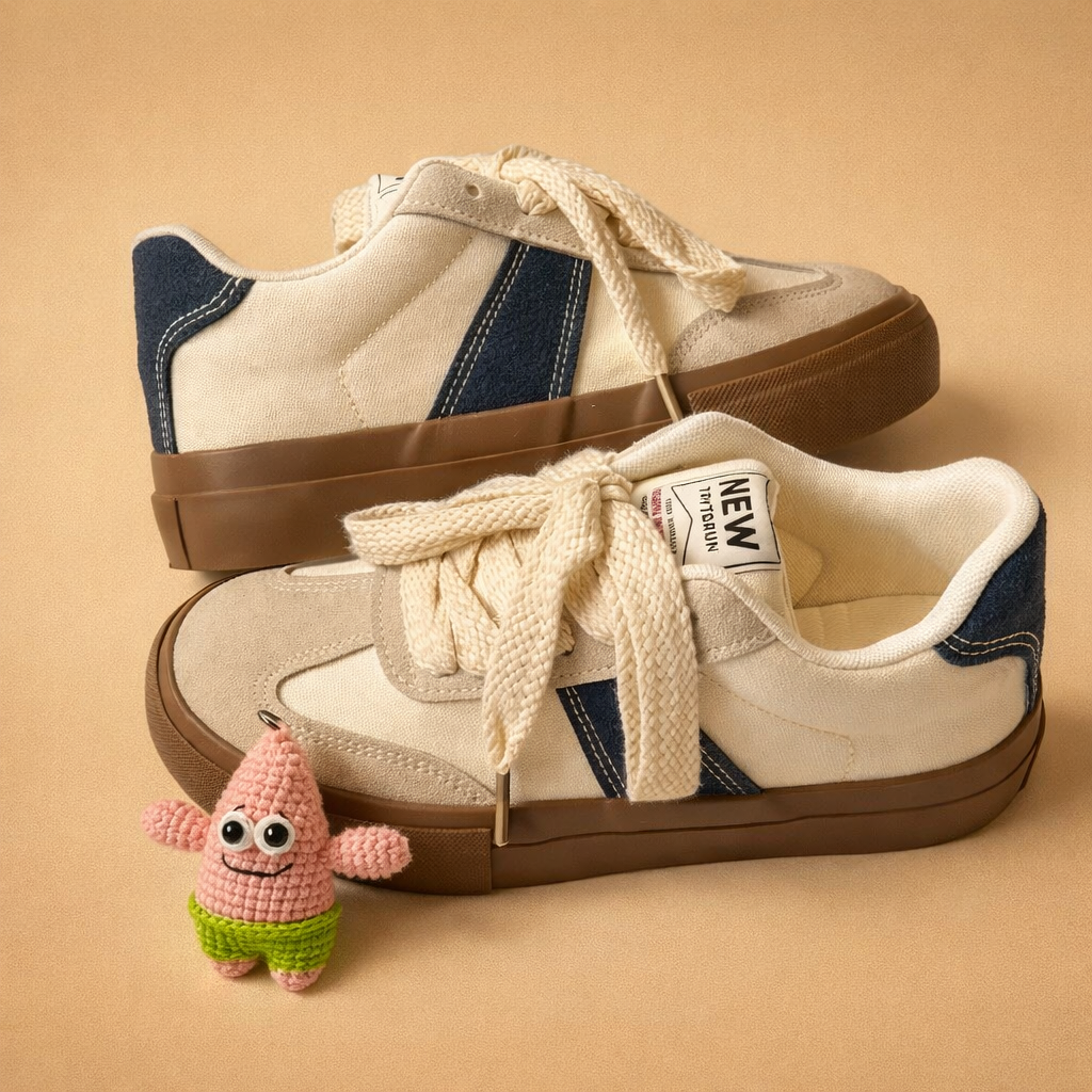 Retro damskie niskie trampki w beżowym kolorze, modne buty na wiosnę i lato, komfortowe obuwie casual.