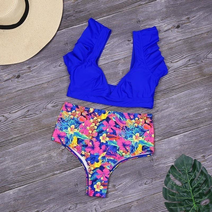 Modne bikini damskie dwuczęściowe z wysokim stanem, idealne na wakacje i plażę, w kwiaty.