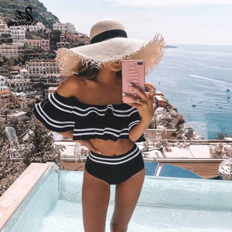 Damskie bikini z falbanką hiszpanką i wysokim stanem. Modny strój kąpielowy idealny na plażę i lato.