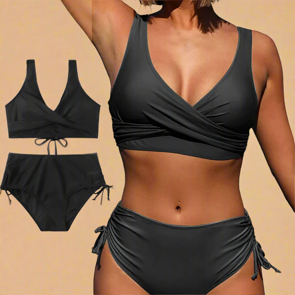 Damskie bikini z marszczeniami, głębokim dekoltem i wysokim stanem. Idealne modne stroje kąpielowe na lato.