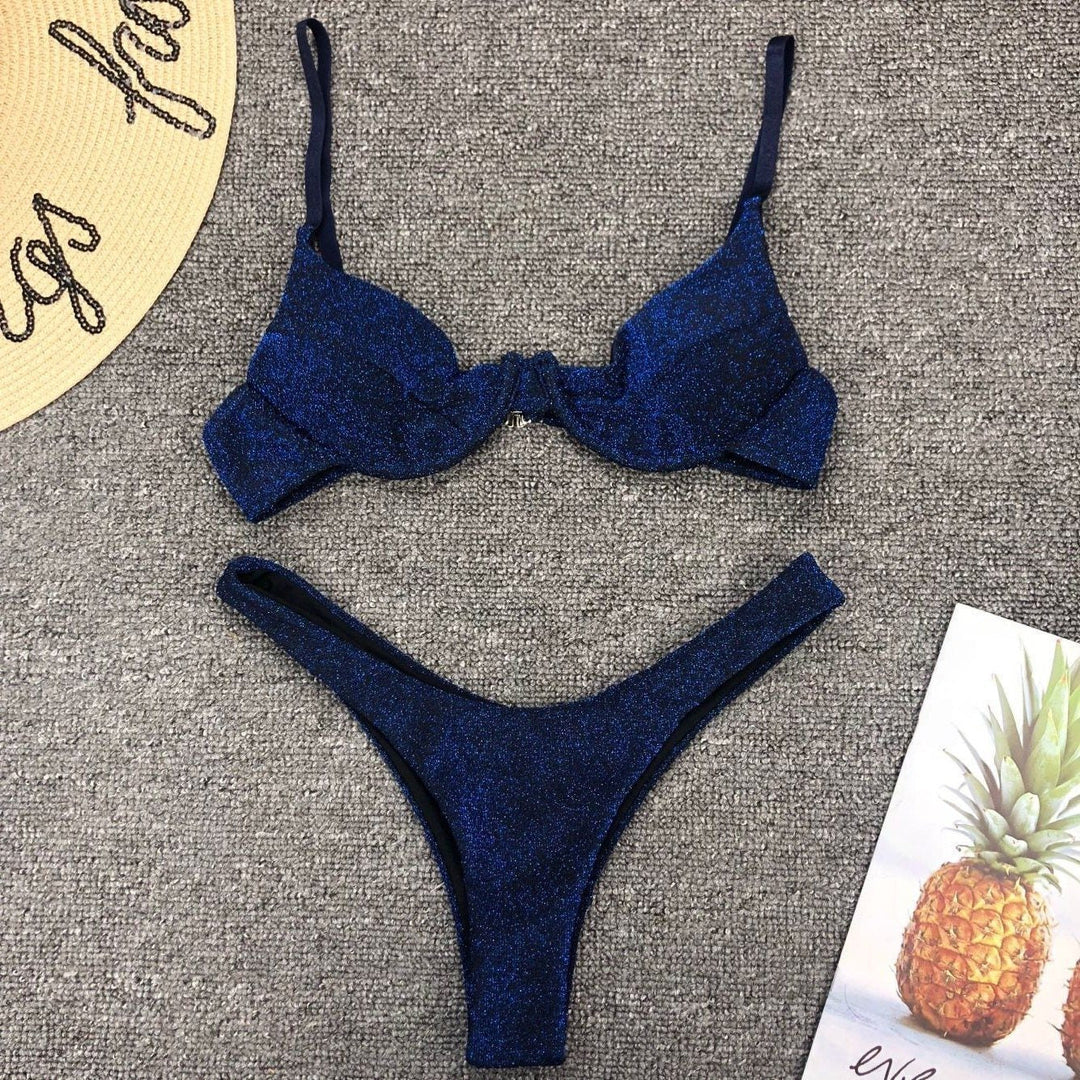 Dwuczęściowe bikini damskie z połyskiem, metaliczne, usztywniane, z wysokim stanem.