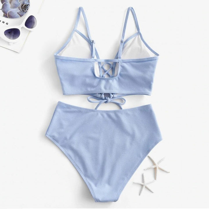 Modne damskie bikini dwuczęściowe z wysokim stanem. Stylowy strój kąpielowy poliester, idealny na letnie dni.