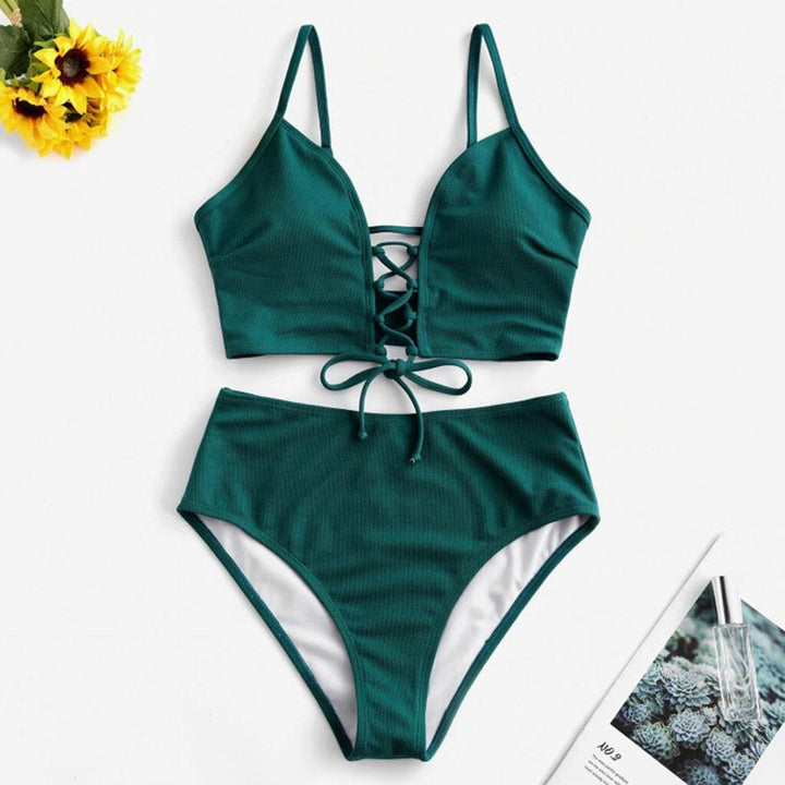 Damskie bikini poliester z wysokim stanem, modny strój kąpielowy dwuczęściowy, idealny na plażę i lato.