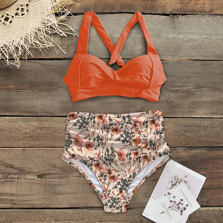 Damskie bikini, wysoki stan, kwiatowy print, moda plażowa, strój kąpielowy.