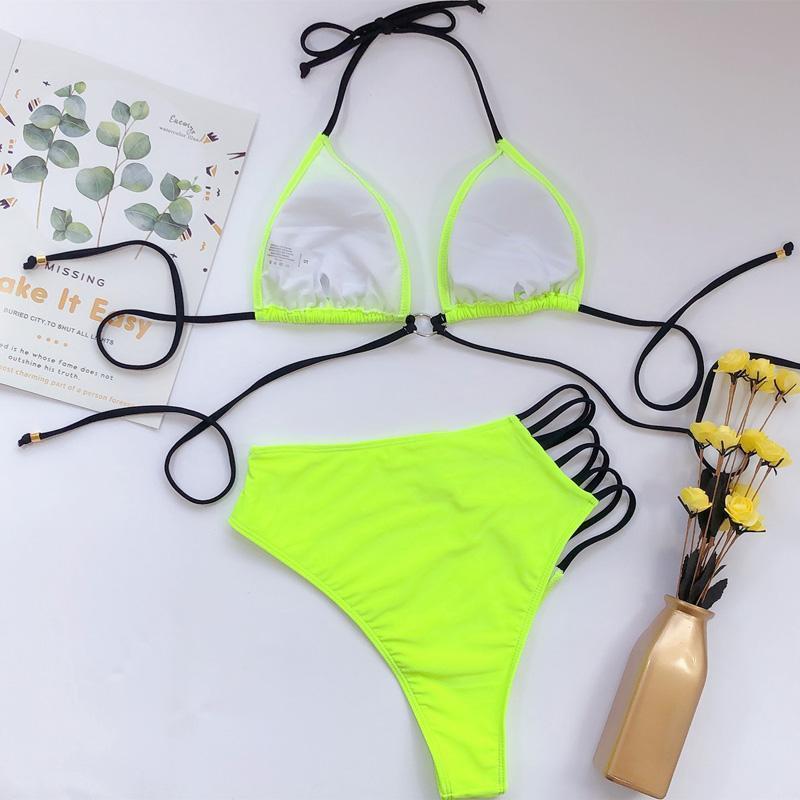 Strój kąpielowy bikini damski, dwuczęściowy z wysokim stanem i paski. Idealny na plażę i słońce.