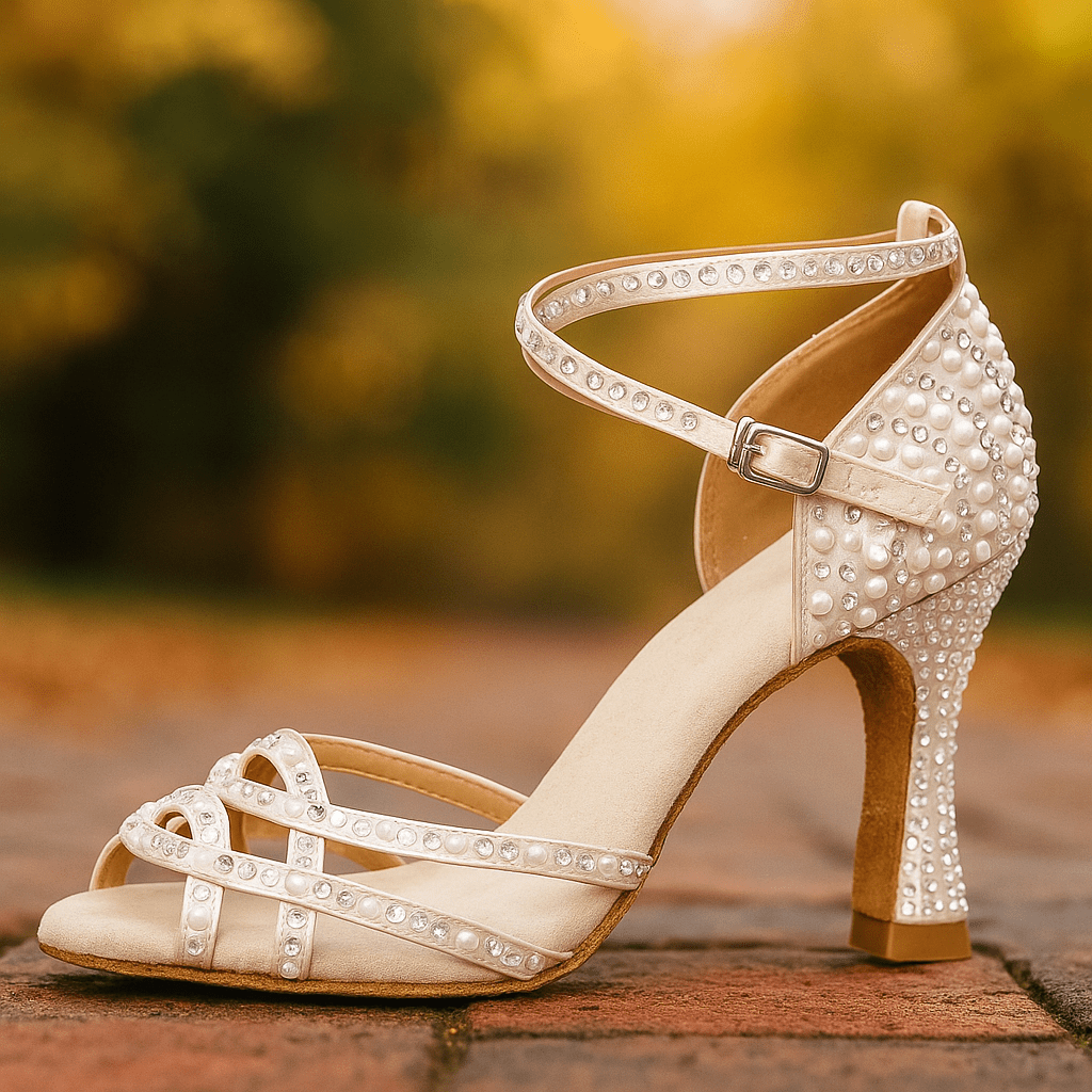 Stylowe damskie buty do tańca z błyszczącymi detalami i komfortowym, stabilnym obcasem.