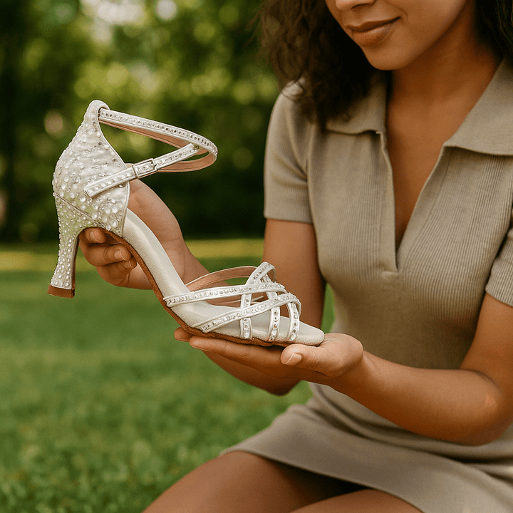 Damskie buty do tańca na obcasie, z połyskującą cholewką, zapewniające stabilność podczas występów.
