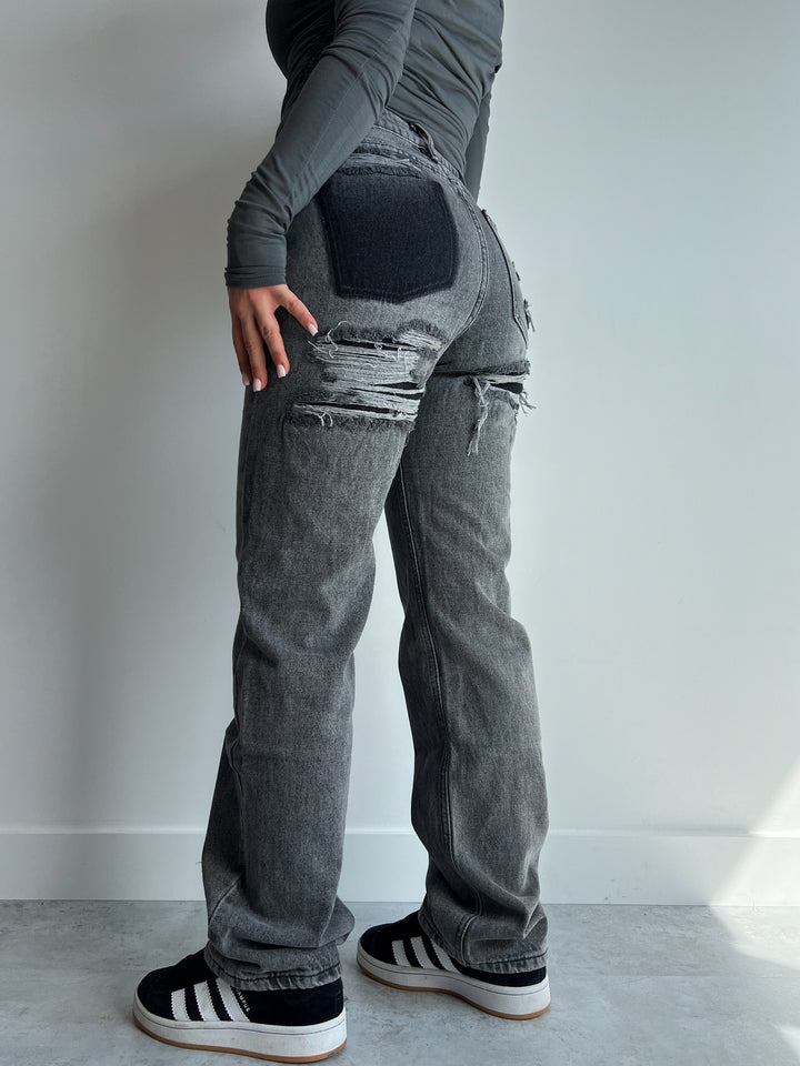 Stylowe szare jeansy damskie Mom Fit z wysokim stanem, modne spodnie na wiosnę/lato, komfortowy krój.