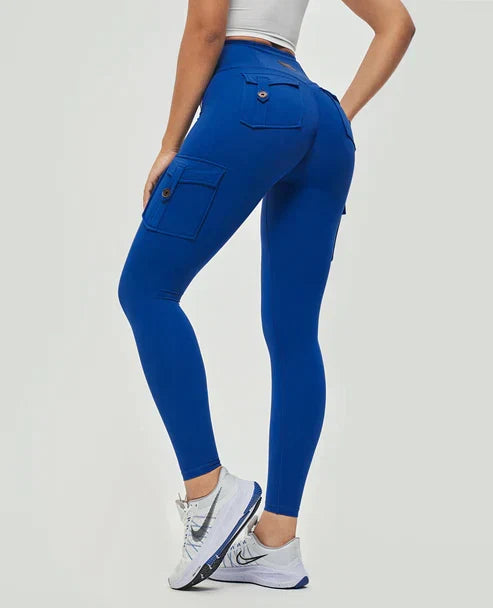 Modelujące legginsy damskie cargo z wysokim stanem. Sportowe, czarne, idealne do treningu i aktywności.
