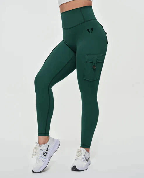 Legginsy damskie cargo z praktycznymi kieszeniami i wysokim stanem. Sportowe, modelujące, do aktywności.