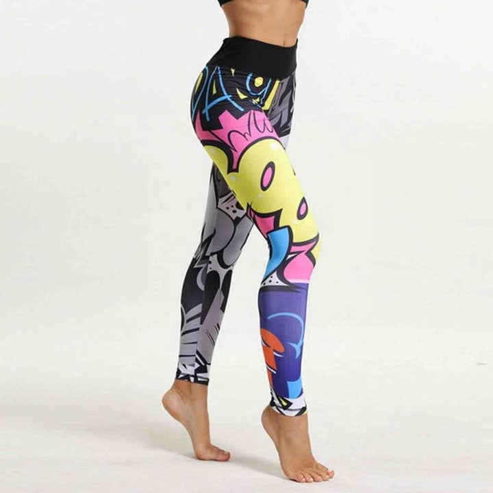 Legginsy sportowe damskie z unikalnym komiksowym nadrukiem. Wysoki stan, idealne do mody sportowej.