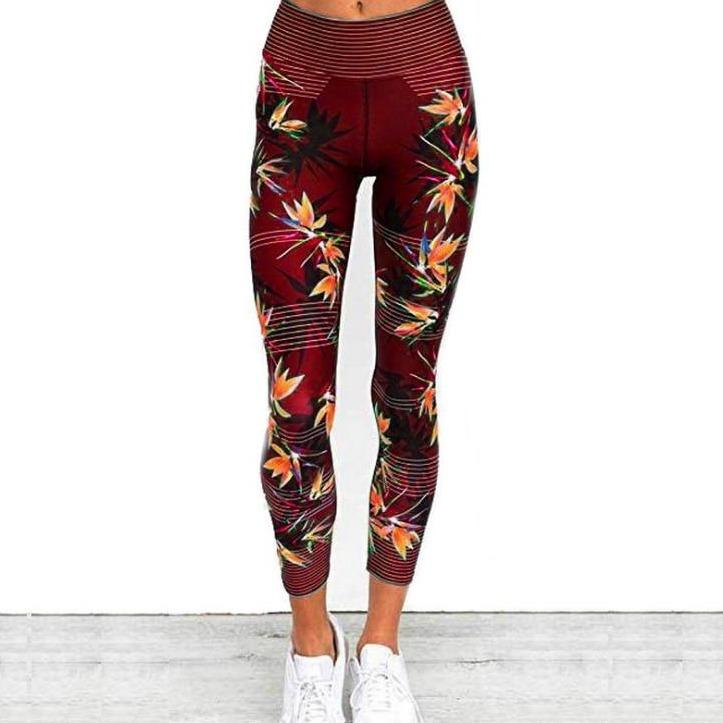 Damskie legginsy sportowe z wysokim stanem, wzorzyste, zapewniające komfort i swobodę ruchów.