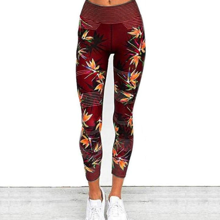 Damskie legginsy sportowe z wysokim stanem, wzorzyste, zapewniające komfort i swobodę ruchów.