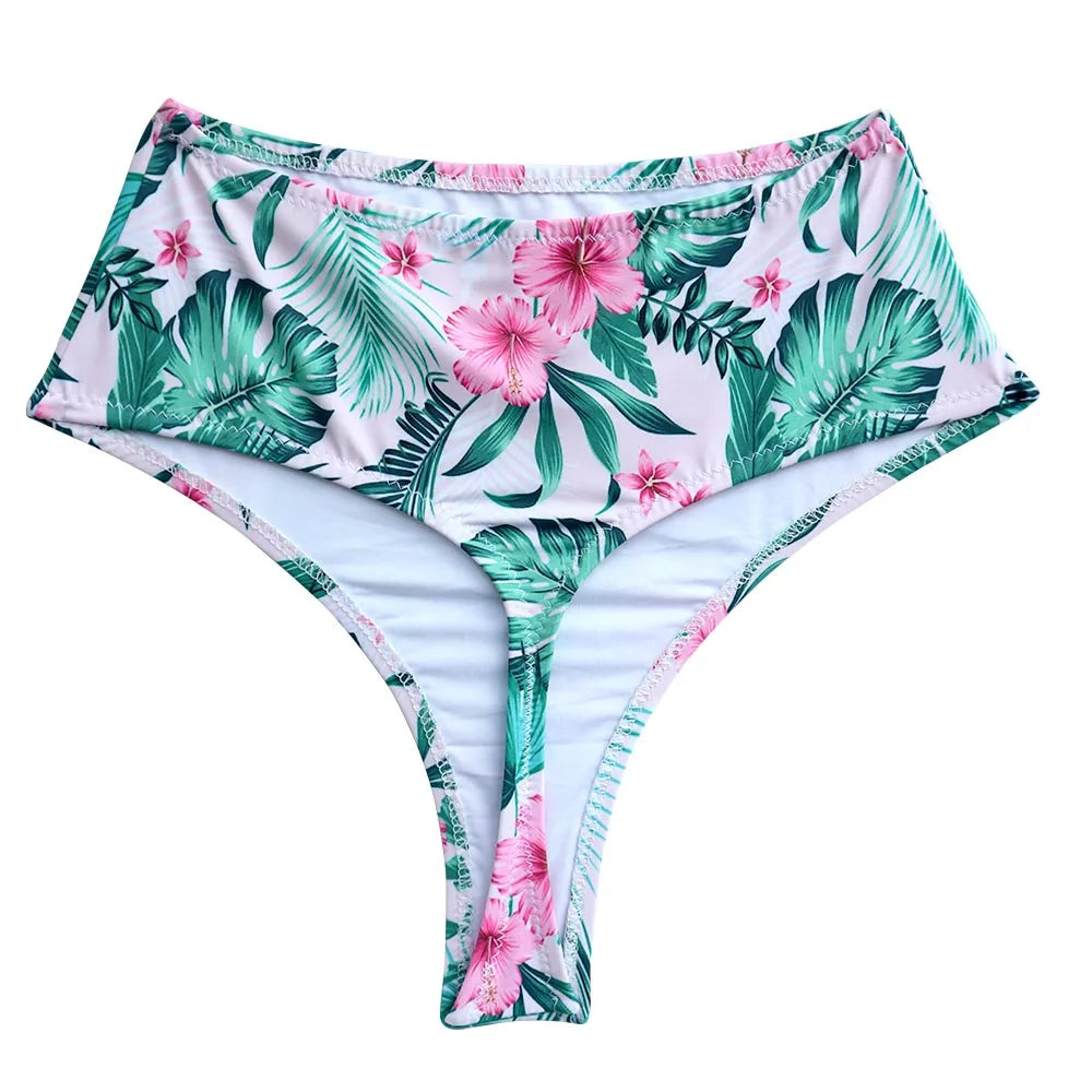 Majtki bikini damskie z wysokim stanem, tropikalny wzór kwiatowy zielone, idealne na letni wypoczynek.