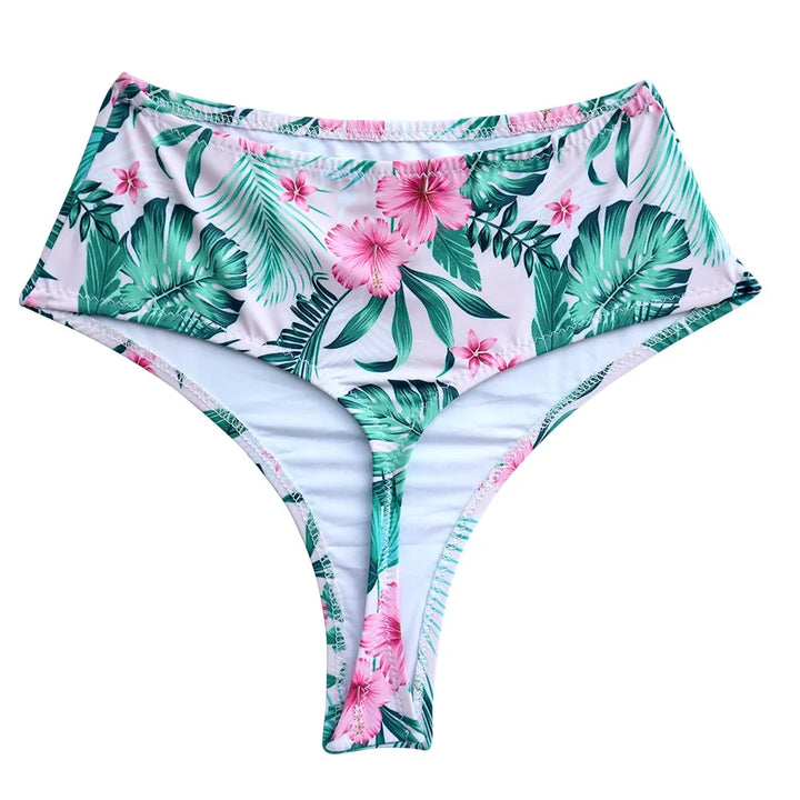 Majtki bikini damskie z wysokim stanem, tropikalny wzór kwiatowy zielone, idealne na letni wypoczynek.
