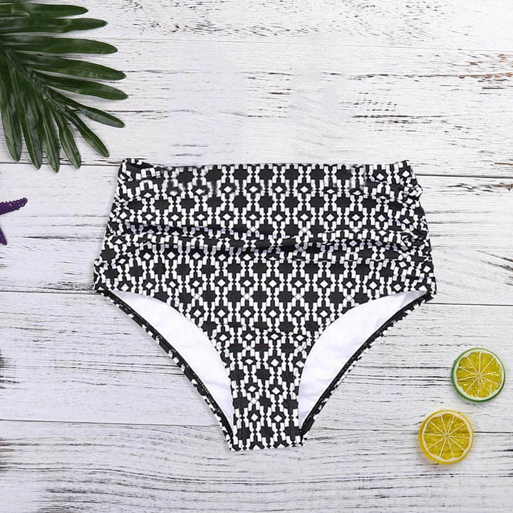 Eleganckie damskie majtki bikini z wysokim stanem, kwiatowy deseń. Wygodne i stylowe na plażę.
