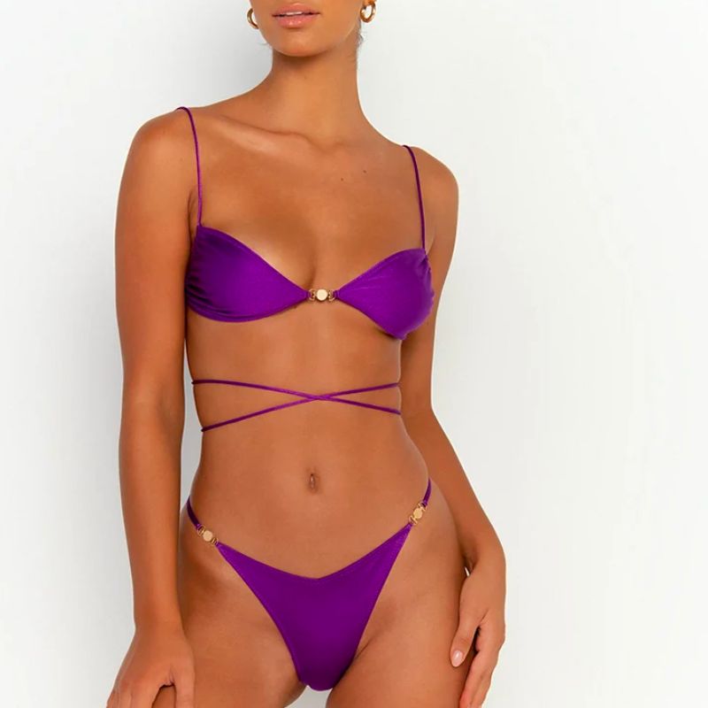 Damskie mikro bikini z paskami na brzuchu, fioletowo-pomarańczowy strój kąpielowy. Idealny na plażę lato.