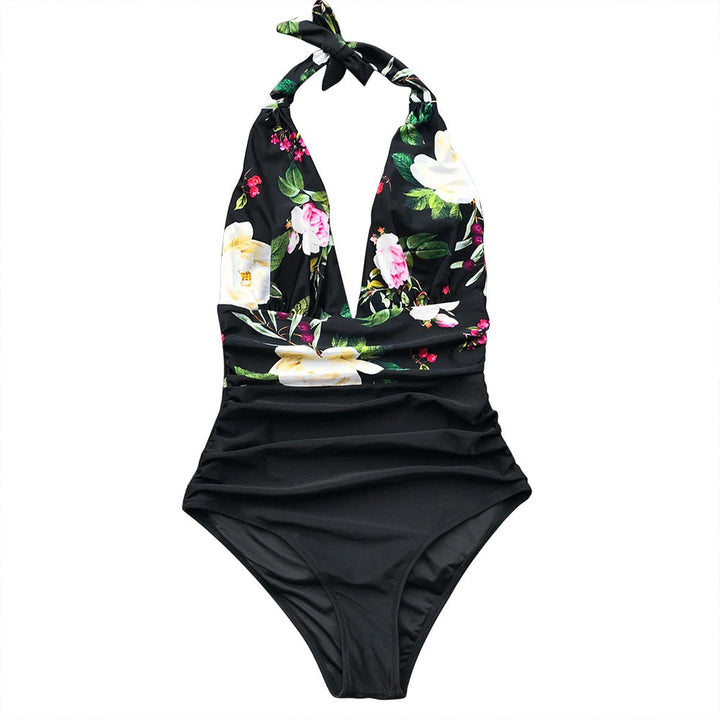 Stylowy strój kąpielowy monokini damski, jednoczęściowy, z wiązaniem na szyi.