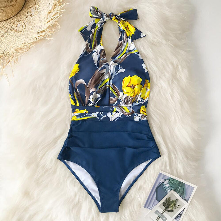 Letnie monokini damskie jednoczęściowe z figami z wysokim stanem i wiązaniem na szyi.