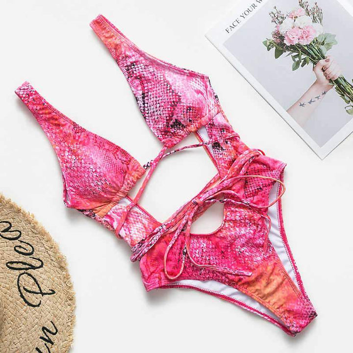 Plażowe monokini jednoczęściowe, damskie, ze wzorem i wycięciami. Perfekcyjny na upalne lato.