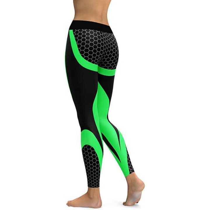 Kolorowe damskie legginsy sportowe w geometryczny wzór, elastyczne, z wysokim stanem na trening i jogę.