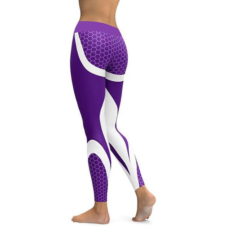 Modne damskie legginsy sportowe. Kolorowy geometryczny wzór, wysoki stan, elastyczne do fitnessu i jogi.