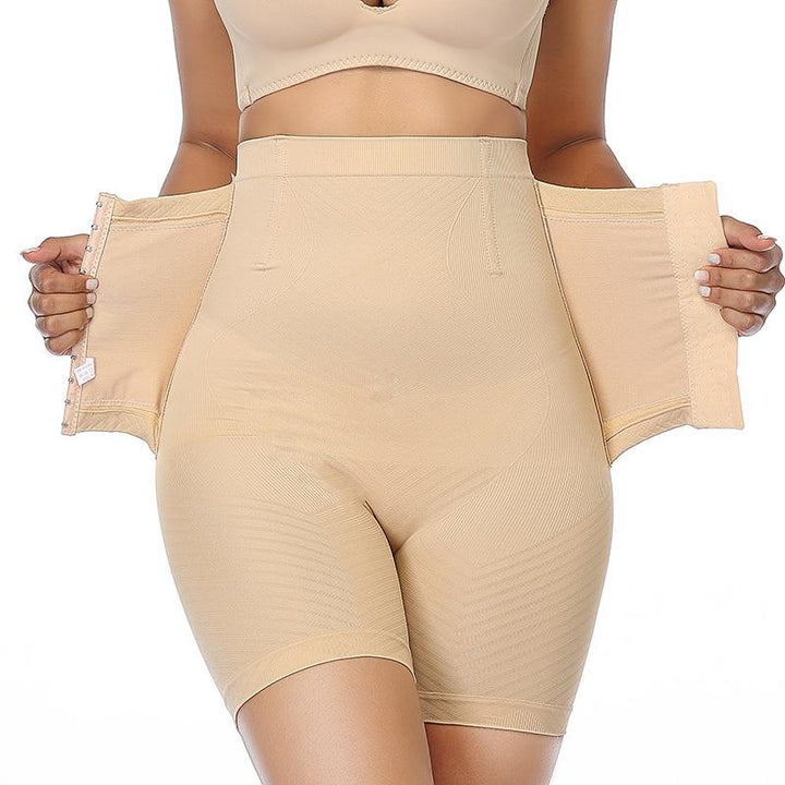 Beżowe szorty modelujące damskie z wysokim stanem, wyszczuplające brzuch, komfortowa bielizna.