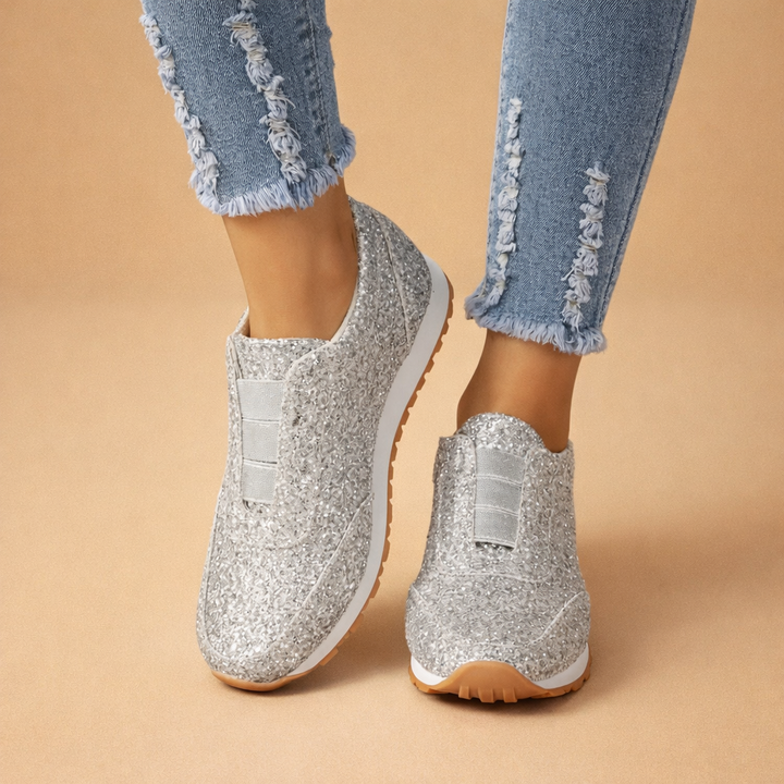 Damskie wsuwane trampki brokatowe. Stylowe, komfortowe buty casual dla kobiet, idealne na co dzień i spacery.