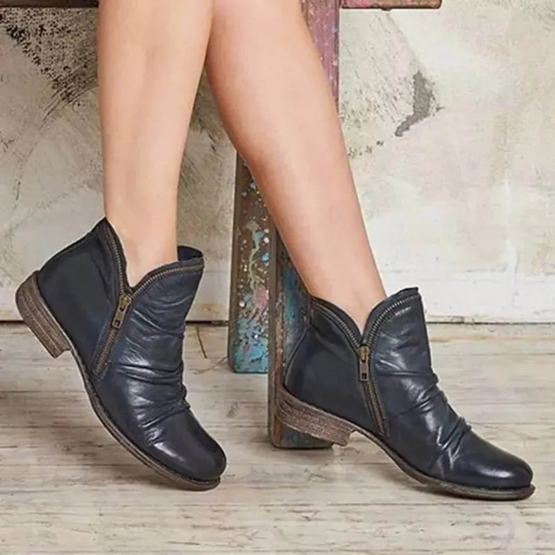 Zbliżenie na ukośny zamek w damskich botkach, buty zimowe