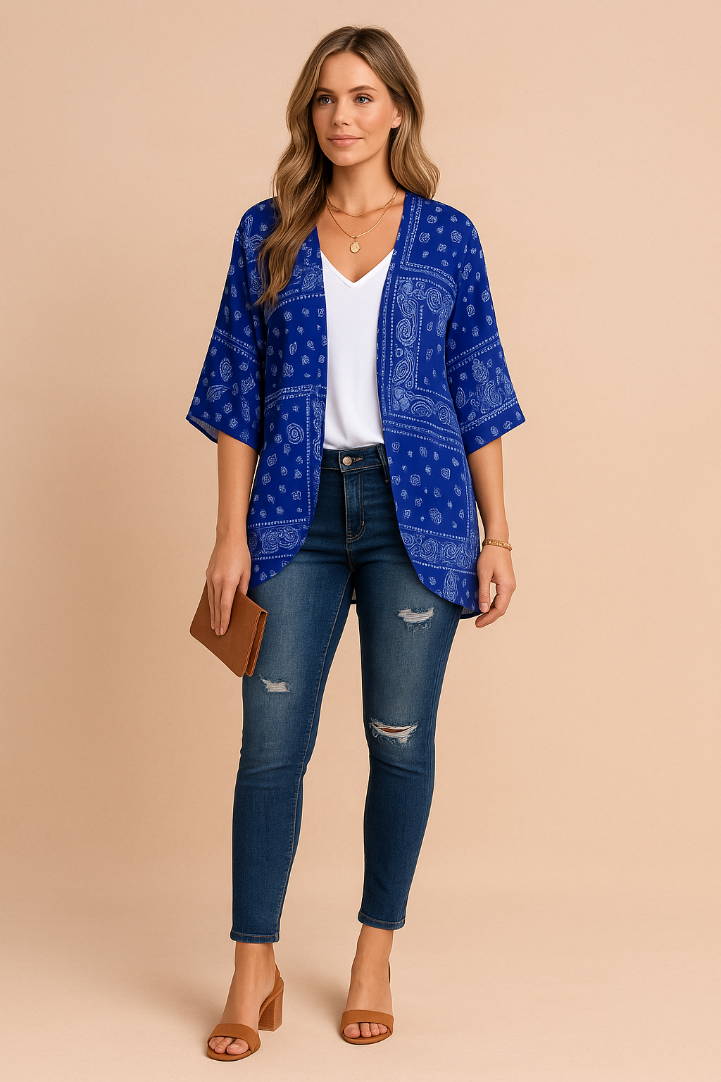 Elegancka damska narzutka kimono z delikatnym kwiatowym wzorem, zwiewna, modna na wiosnę/lato.