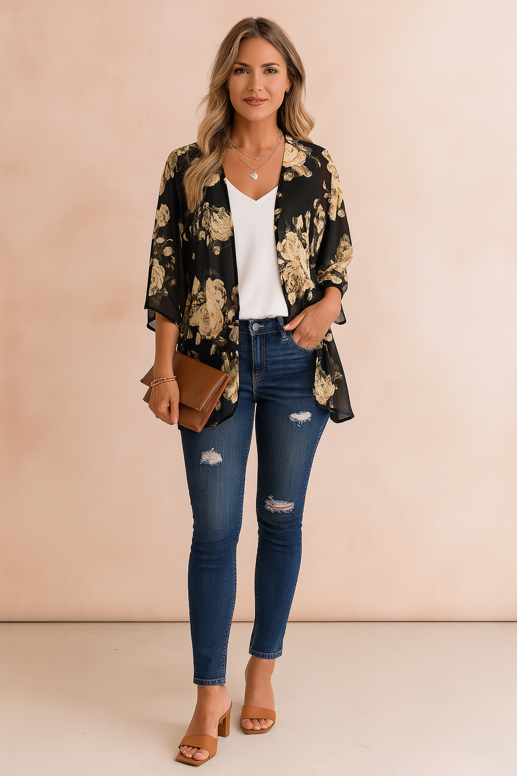 Stylowe damskie kimono z wyrazistym kwiatowym wzorem, zwiewna narzutka na wiosnę i lato, styl boho.