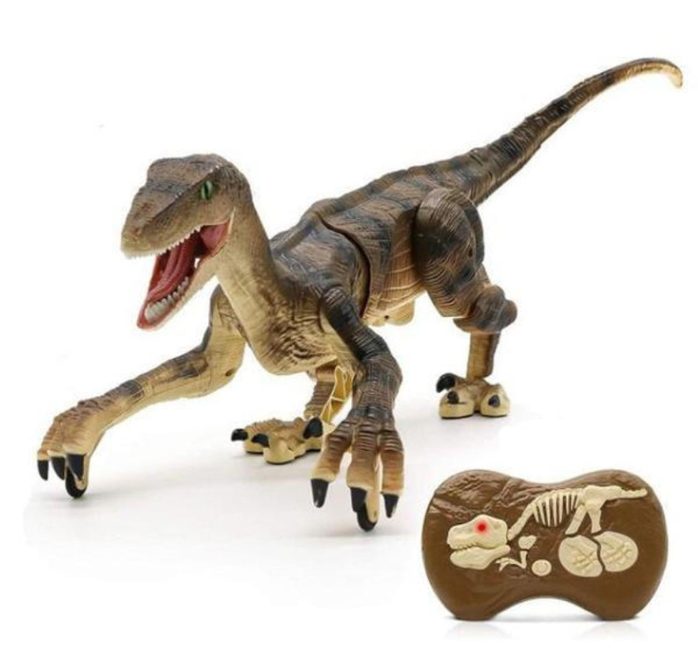 Zdalnie sterowany brązowy dinozaur raptor z pilotem