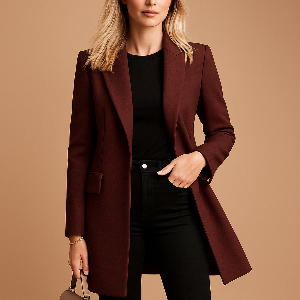 Kobieta w eleganckim bordowym trenczu damskim o klasycznym kroju