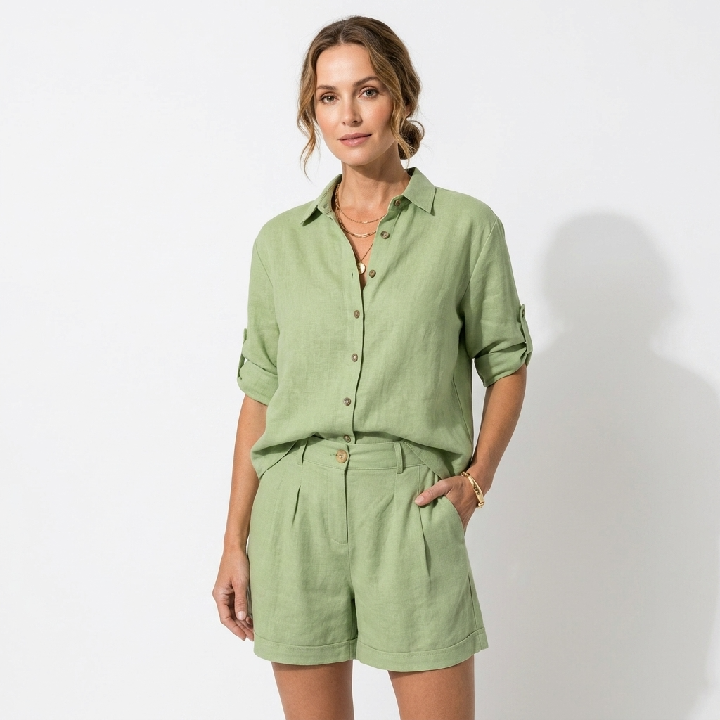 Stylowy komplet damski z koszulą i szortami w pięknym odcieniu, moda letnia