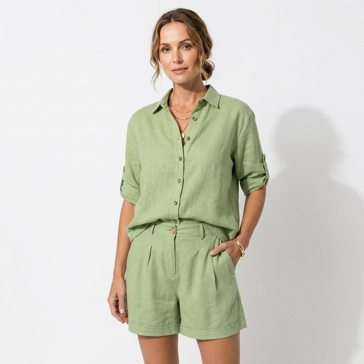 Stylowy komplet damski z koszulą i szortami w pięknym odcieniu, moda letnia