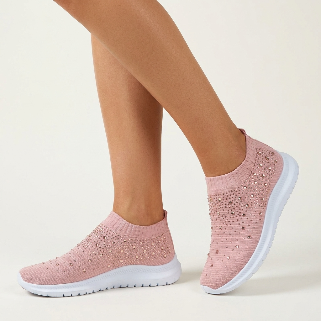 Różowe sneakersy damskie z ozdobnymi kryształkami na nodze