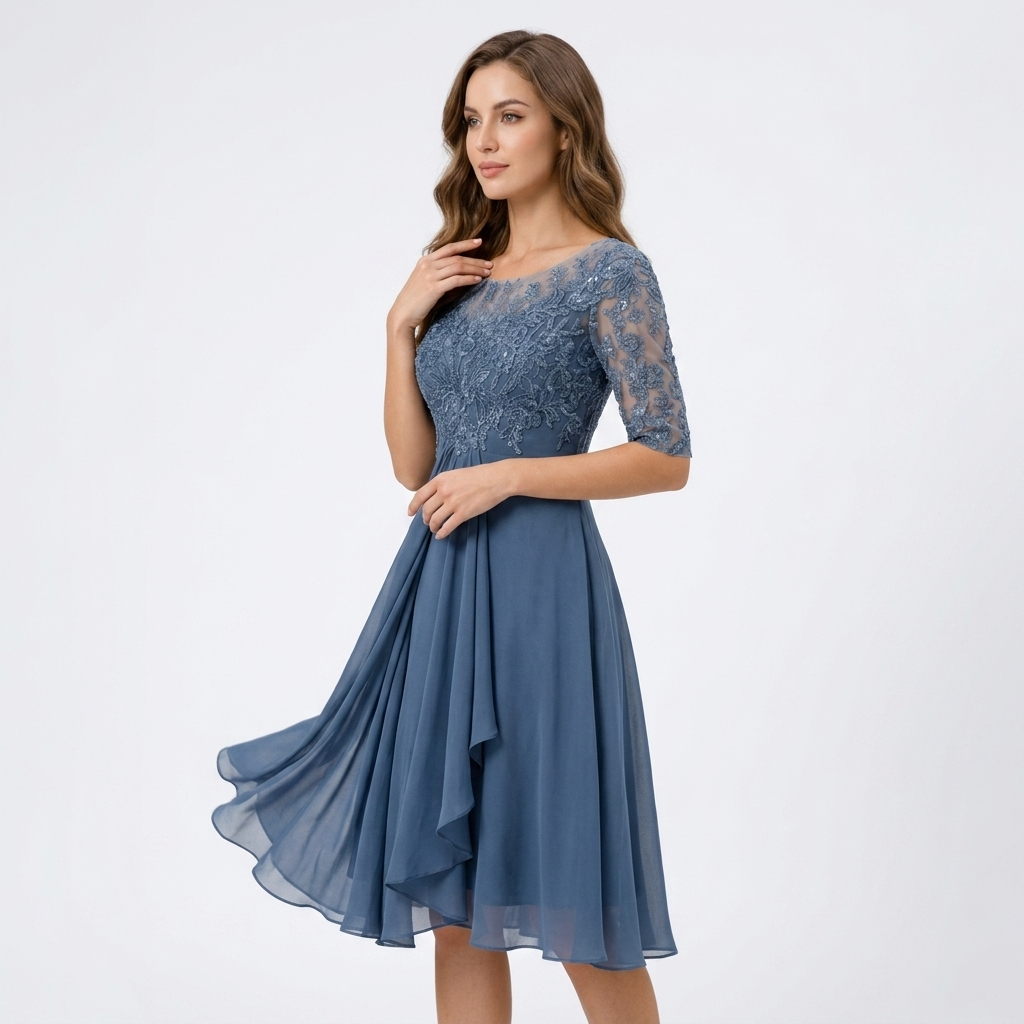 Kobieta prezentująca elegancką niebieską sukienkę midi z koronkową górą